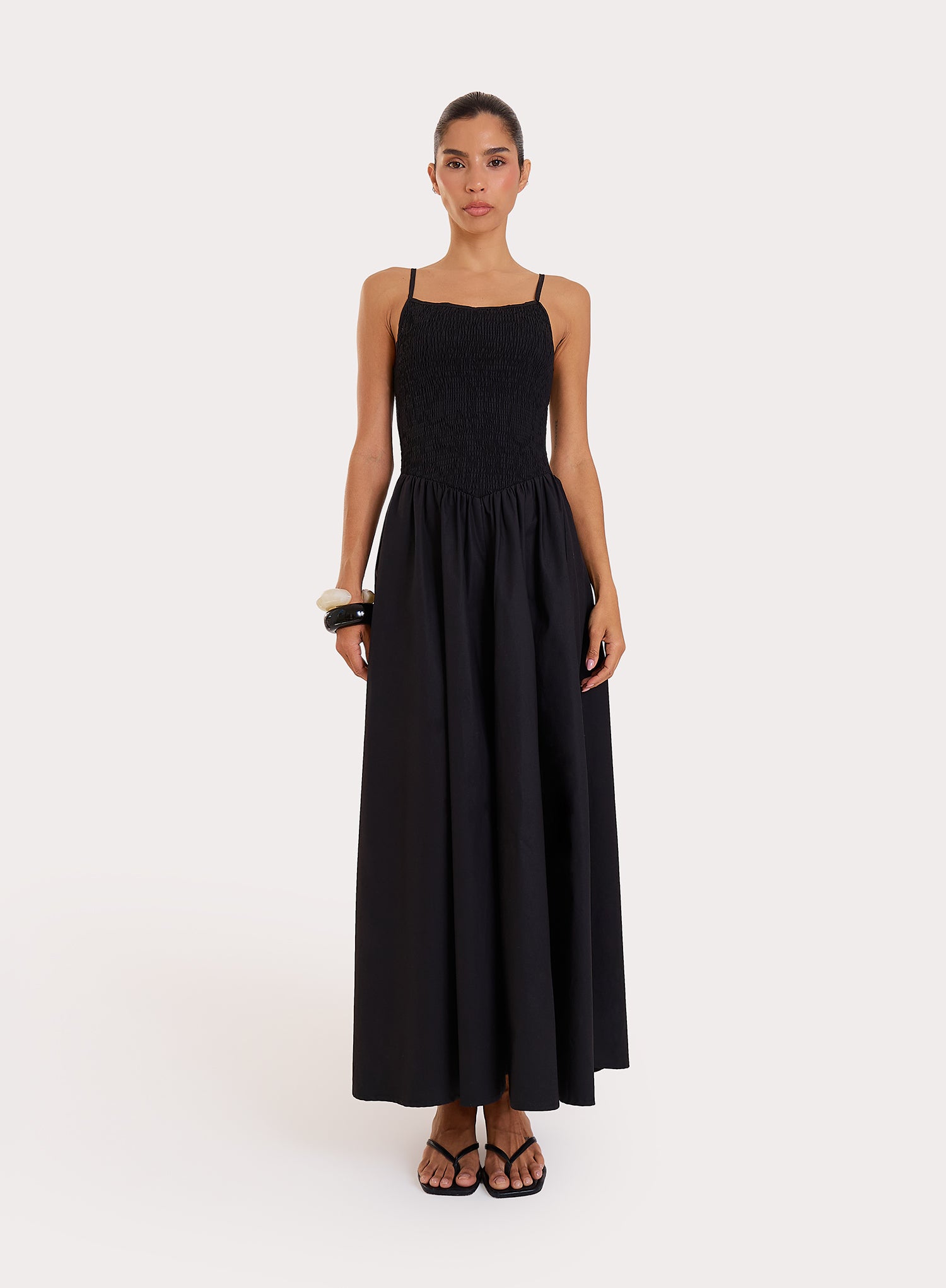 Black Shirred Cotton Maxi Dress- Milano